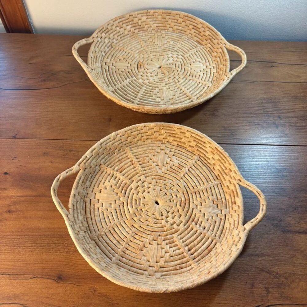 Set of 2 Natural Woven Straw Tray Wall Baskets